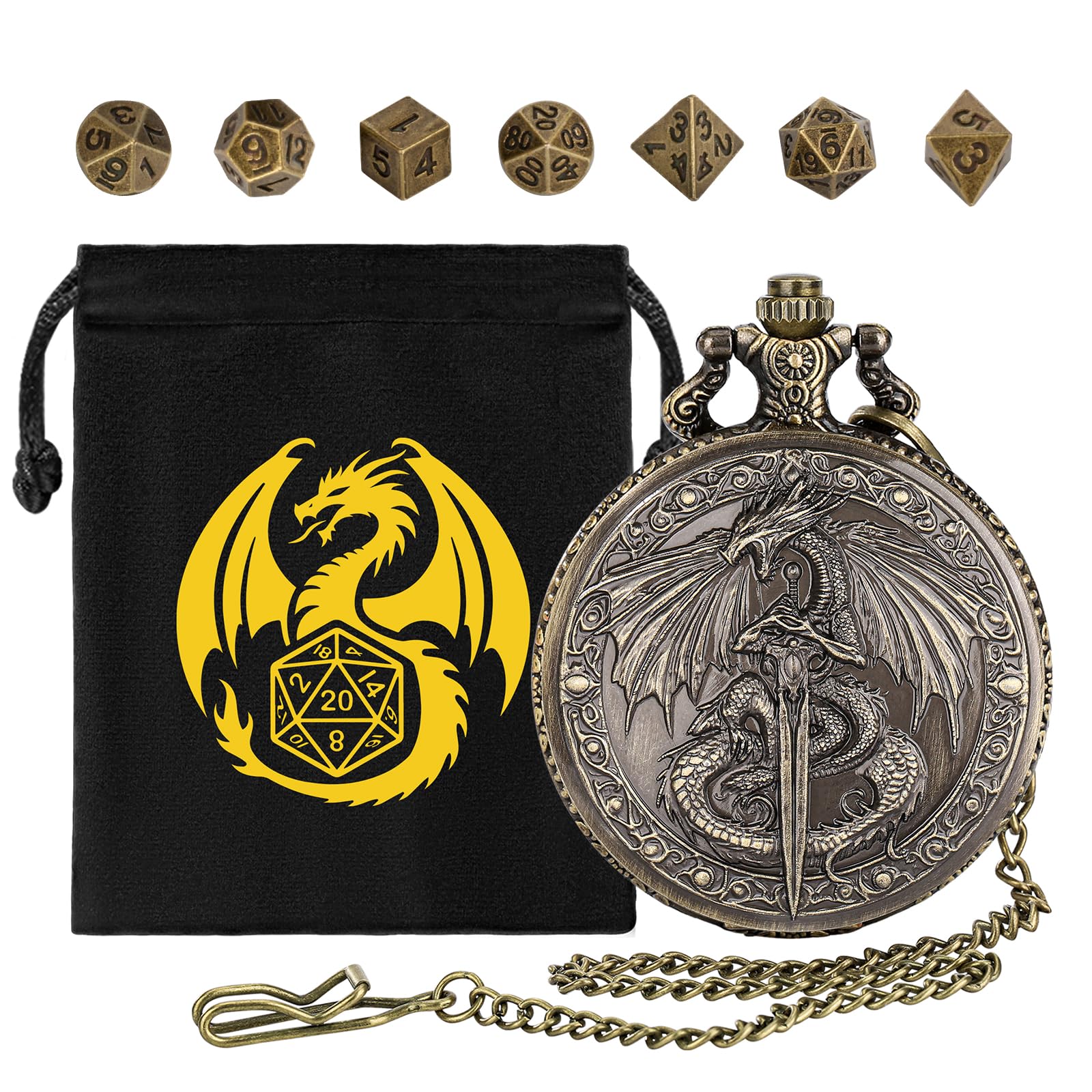 Mini DND Dice Set with Flying Dragon Holds Long Sword Pocket Watch Shell Case, 7pcs Polyhedral Metal Dice Set, D&D Starter Set, DND Gifts with Gift Bag, Role Playing Board Games Accessories, Bronze