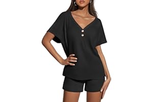 Ekouaer Womens 2 Piece Short Sets Waffle Knit Lounge Set Women's Pajama Set Summer Outfits V Neck and Shorts with Pockets