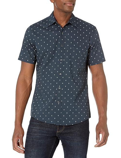 Amazon Essentials Slim-Fit Men's Short Sleeve Button Down Shirt, Navy White Anchor Print Design, Medium