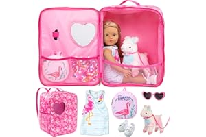 Ecore Fun 18 Inch Girl Doll Carrier Bag with Clothes and Accessories, Including Dress, White Cloth Shoes, Doll Backpack, Sunglasses, Toy Lamb