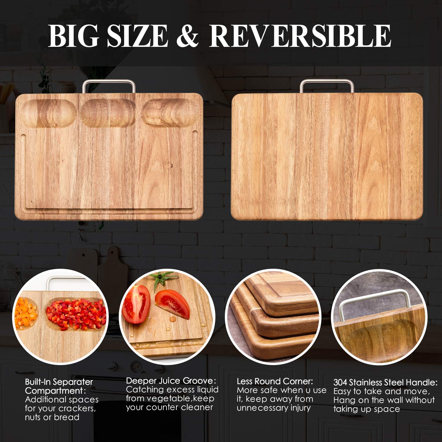 SHAN ZU Multipurpose Thick Acacia Wood Cutting Board Set of 3 Heavy Duty Chopping Board For Kitchen with Built-In Compartments And Deep Juice Grooves, Stainless Steel Handle Chopping Carving Board