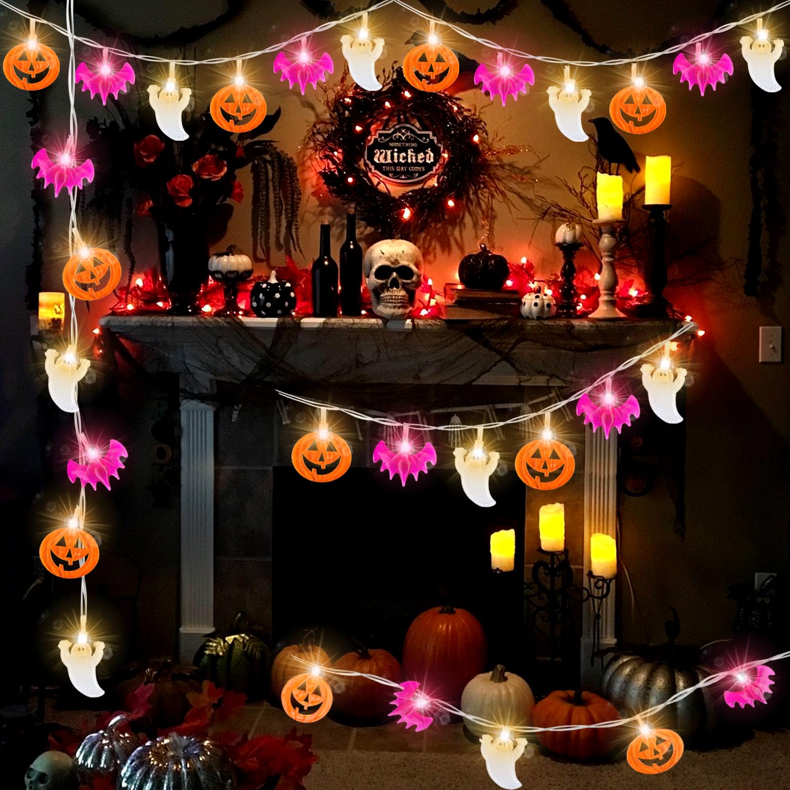 Halloween String Lights 9.8FT 20 LEDs Pumpkins Ghosts Bats Spider String Lights Halloween Ghost String Lights Halloween Bat String Lights Halloween Lights Indoor Halloween Party Decoration (B)
