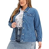 Agnes Orinda Plus Size Denim Jackets for Women Frayed Hem Classic Washed Jean Jacket