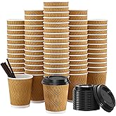 SIUQ 90 Pack - 8 oz Disposable Coffee Cups with Lids and Straws,To go Coffee Cups,Insulated Corrugated Paper Cups,Kraft Ripple Wall Cups for Hot Beverage or Cold Drinks -Champagne