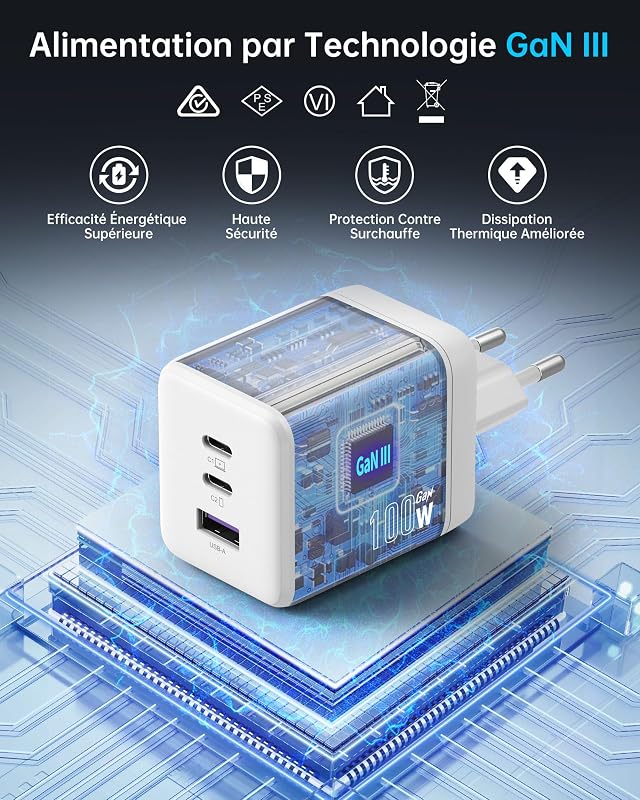 - Carregador rápido USB-C de 100W, conector USB C de 3 portas, adaptador compatível com iPhone 16 Plus Pro MAX, Galaxy PPS 45W, S24 Ultra, S23, S22, Pixel, iPad, MacBook Air, cor branca