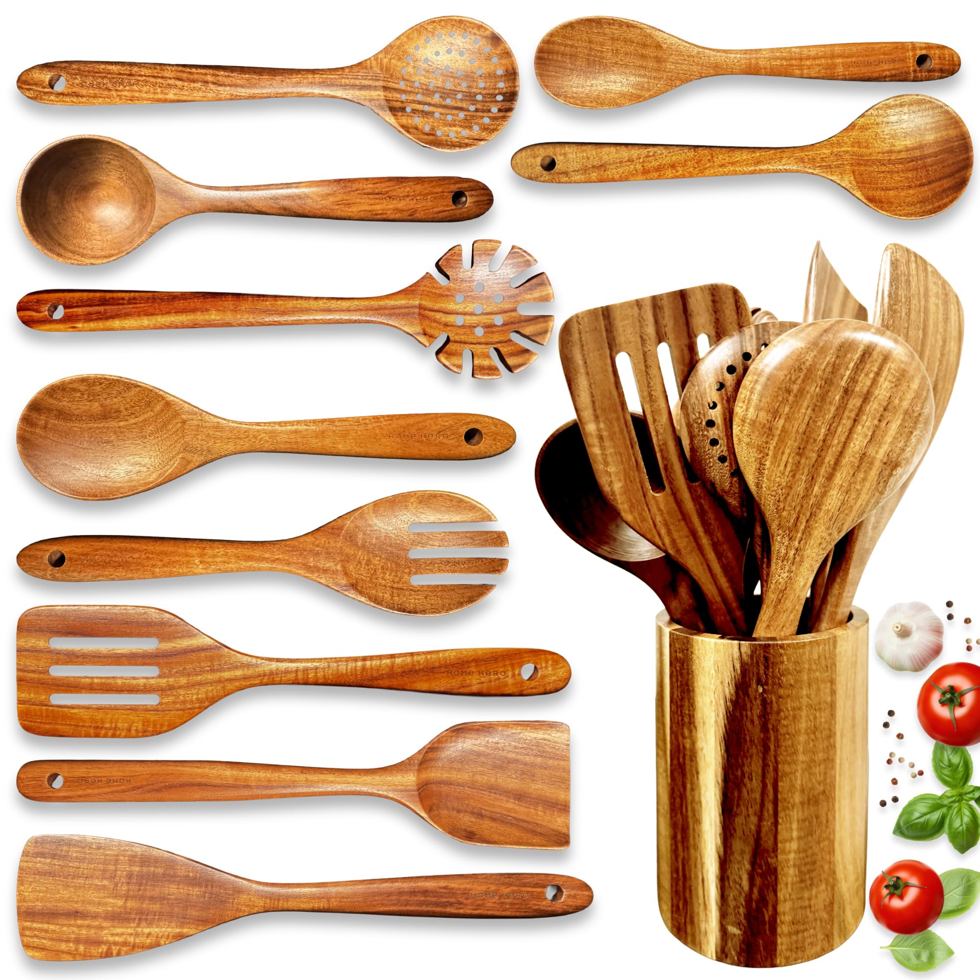 Home Hero Wooden Utensil Set 11 Pcs – Natural Teak Wooden Kitchen Utensils Set with Sturdy, Easy-to-Clean Wooden Spoons for Cooking – Non-Scratch Teak Cooking Utensils (11 pcs) Image