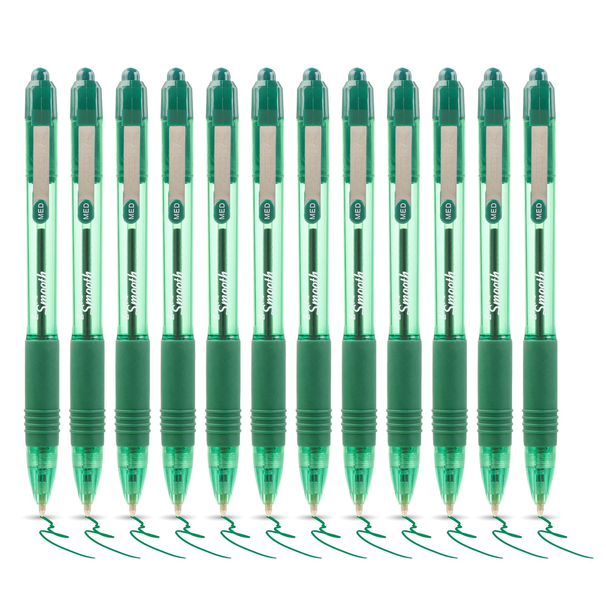 Zebra Pen Z Grip Green Pens Ballpoint, Smooth & Comfortable with Pocket Clip, Retractable Ballpoint with Green Ink, Reliable Biro Multipack for Everyday Use - Med Point, 12pk
