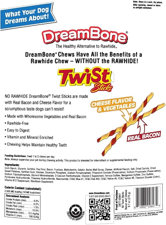 Amazon Com Dreambone Twist Sticks With Real Bacon And Cheese Flavor 50 Count Rawhide Free Chews For Dogs Pet Supplies