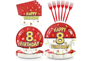 Grencian 96Pcs Happy 8th Birthday Party Supplies Cartoon Anime Themed Paper Plates and Napkins Tableware Sets Disposable Red and White Decoration for 8 Year Old Birthday Kids Children Party Serves 24