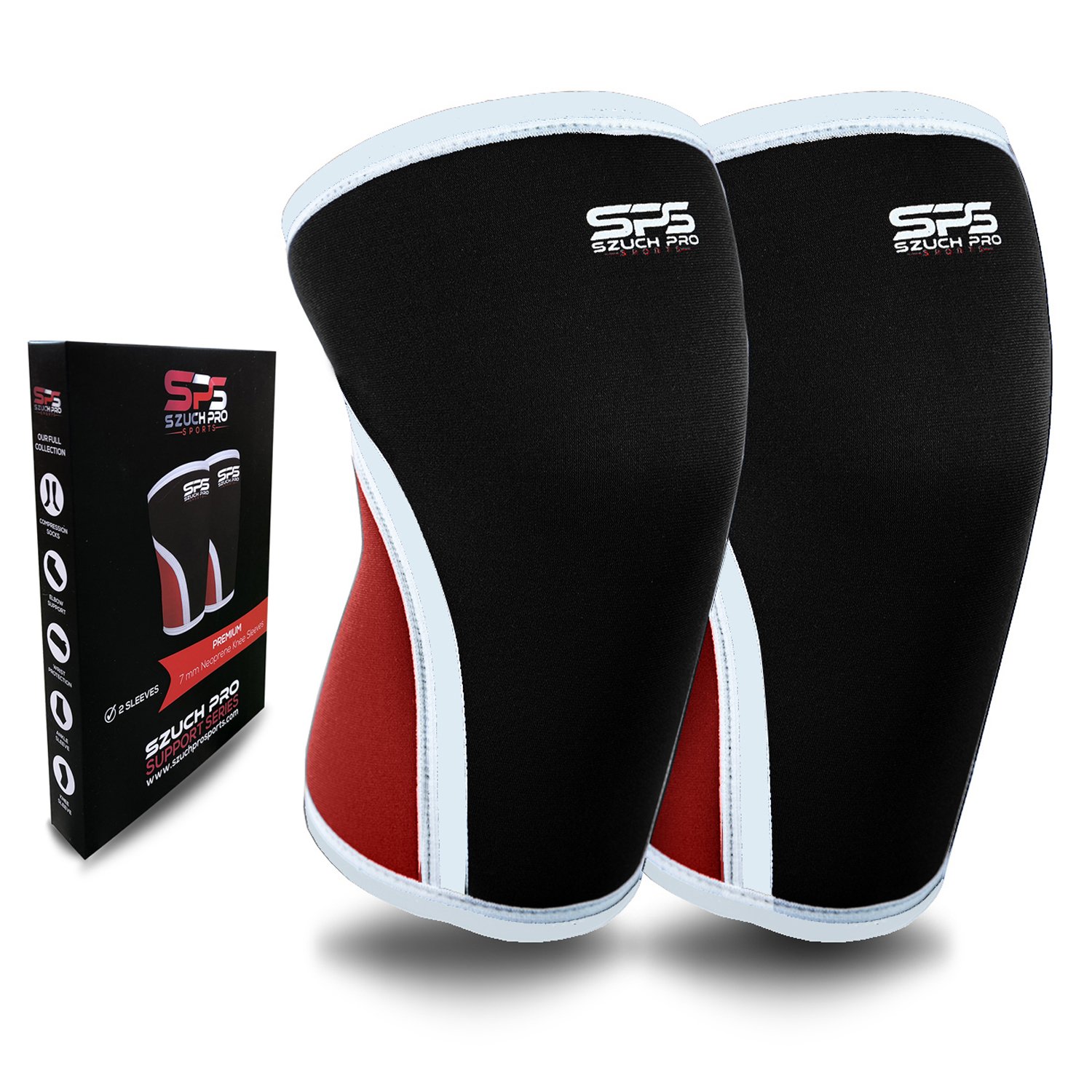High Performance Szuch Pro 7 mm Neoprene Knee Sleeves (Pair) Knee Support & Relief from Muscle Pain Effective support for Weightlifting WOODs Powerlifting CrossFit Knee Brace for Squats Unisex (Black-Red, Large/14.2-15.7/36-40 cm)