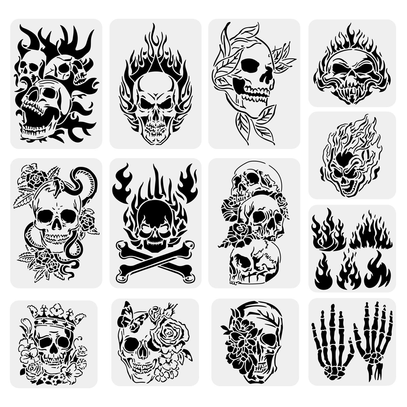 BENECREAT 13PCS Skull Themed Drawing Stencils, Skull Face Fire Flame Scary Template 30x21cm/20x20cm for Scrabooking Card Making, Wall Floor Art, Festival Decoration