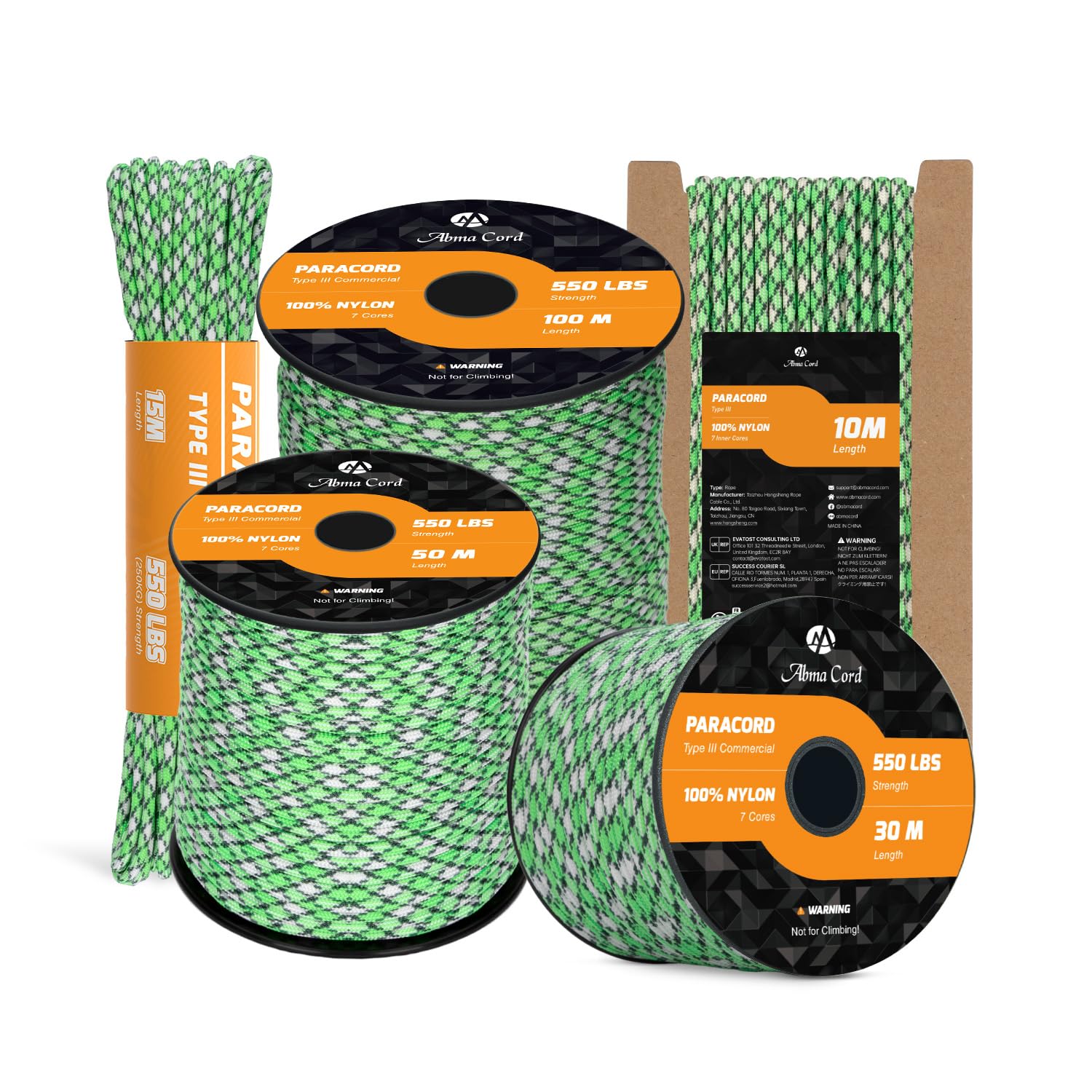 Abma Cord Paracord 550 4mm 15m 100% Nylon Rope Type III 7 Strands Parachute Cord for DIY, Camping, Survival, Outdoor - Max. 250kg - Island
