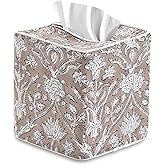 Ridhi Taupe Block Print Tissue Box Cover Handmade Cotton Fabric Decorative Square Napkin Holder for Home Bedroom Living Room Bathroom Vanity Countertop Car Night Stands Office Kitchen