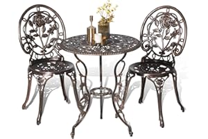 HOMEFUN Bistro Table and Chairs Set of 2 Outdoor 3 Piece Patio Set, Rose Pattern Cast Aluminum Bistro for Garden Balcony, Durable Rust All-Weather Resistance, Rose Bronze