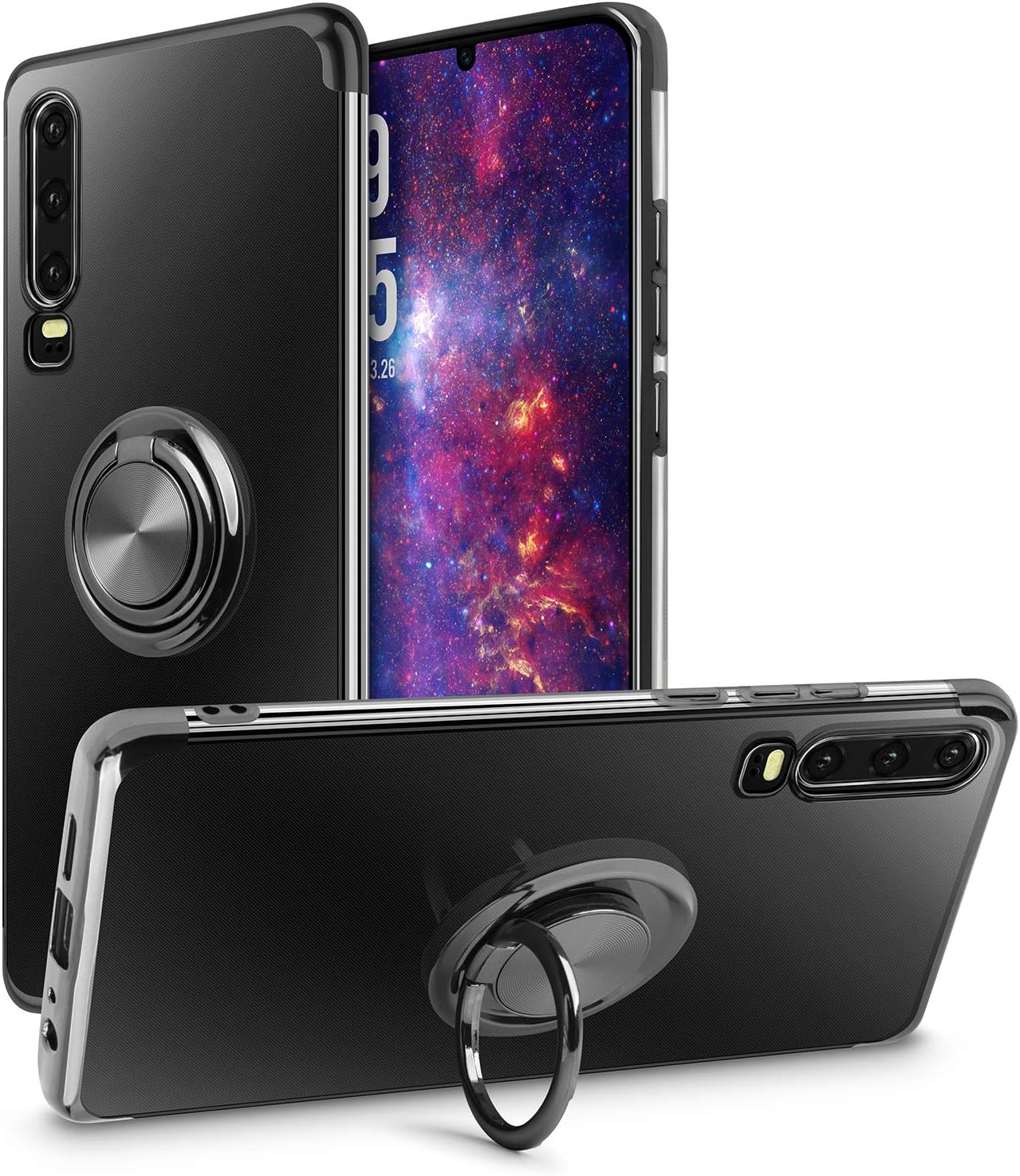 SQMCase Huawei P30 Case, Clear Crystal Slim Soft TPU Cover Shock-absorbing Protective Case with Electroplated Frame Finger Grip Ring Holder Stand [Magnetic Car Mount Feature] for Huawei P30,Black