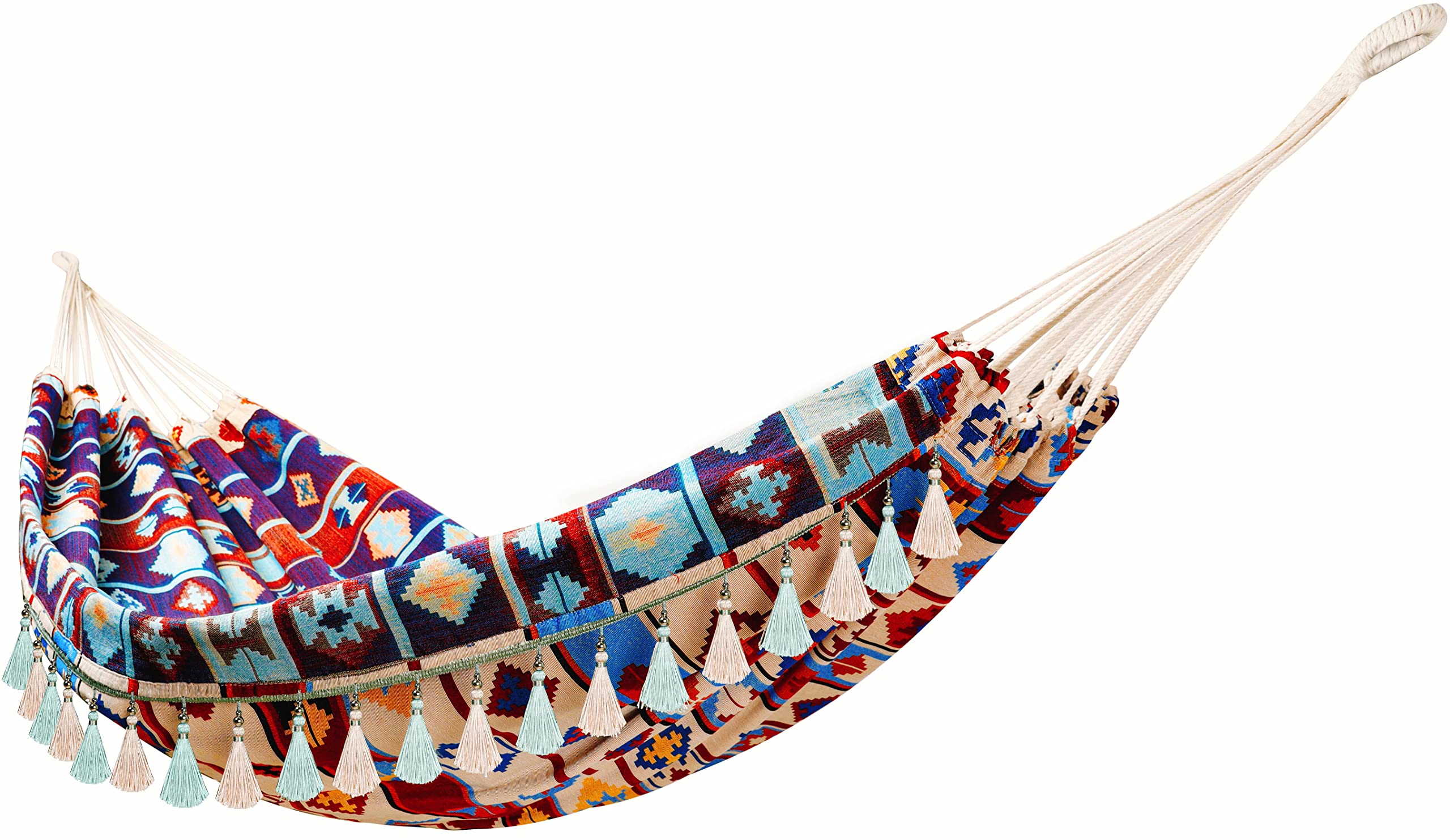 Hammock Garden Hammocks Hanging Outdoor Double Cotton Hammock Bed Terrace Boho Fringe Large Garden Hammocks for Adults Porch Travel Backyard Camping (Jacquard Retro, 200x150cm, max load 250kg)