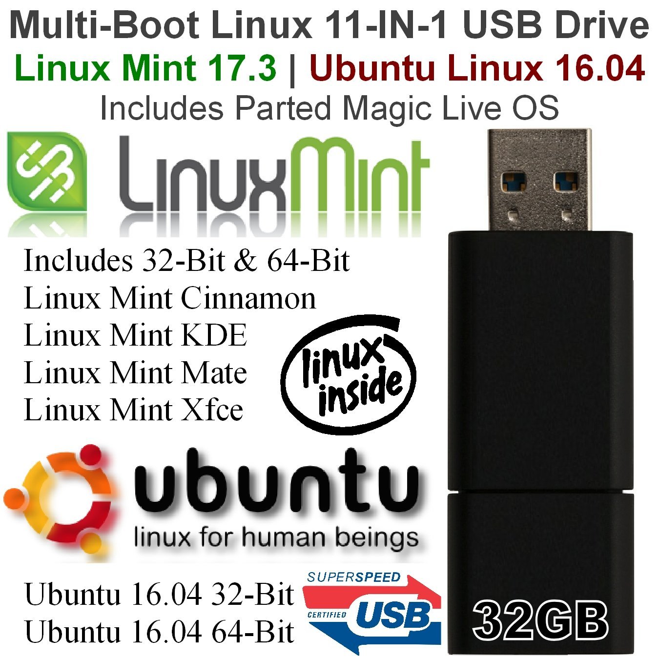 Buy 32GB Multi-Boot Linux 11-IN-1 USB Drive Linux Mint 17.3 - Ubuntu ...