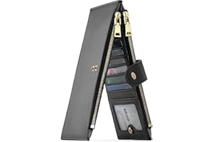 GOIACII Slim Wallets for Women RFID Blocking Card Holder 2 Zipper Pockets Thin Ladies Clutch Purse Black