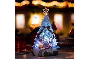 hvfun Christmas Tree Music Box with Rotating Train-Color Changing Light-Red Bow -Battery-Powered Acrylic Festive Winter Centerpiece- Holiday Decor with Lights and Music