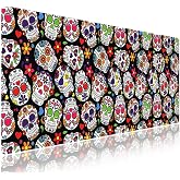 Sugar Skull Vibrant Floral Large Mouse Pad, Day of The Dead Black Desk Mat | Vintage Dia De Los Muertos Seamless Design, Calavera, Mexican Folk Art Halloween, 31.5