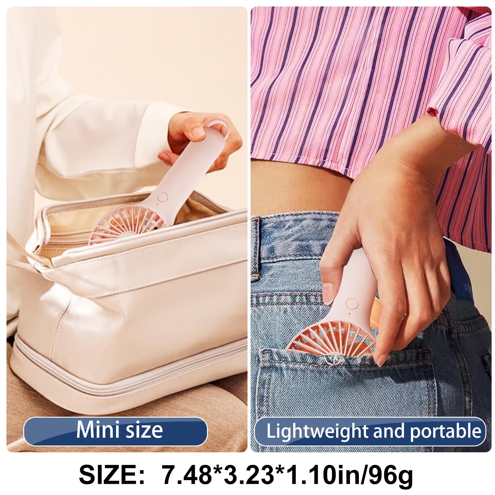 QQT Mini Handheld Fan, Small Personal Fan with 3 Speeds, Portable Battery Operated, USB Rechargeable Makeup Eyelash Dryer, Strong Airflow for Travel, Office, Outdoor, Women, Men, and Kids(Pink)