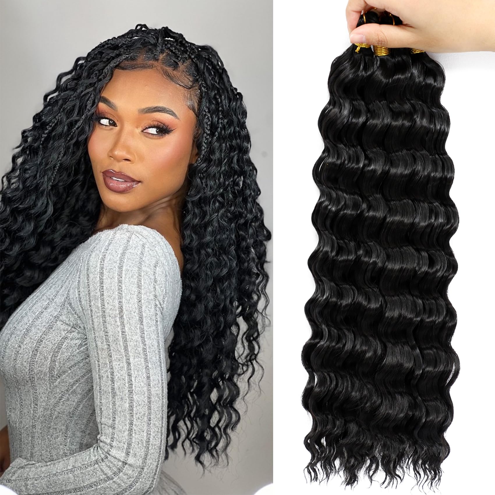Photo 1 of Eerya Long Curly Braiding Hair 18 Inch 4 Packs Deep Ocean Wave Crochet Hair for Black Women Deep Wave Braiding Hair for Boho Braids?18 inch, #1B?