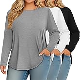 Ficerd 3 Pack Womens Plus Size Long Sleeve Tops Crew Neck Loose Fit T Shirt Stretchy Casual Winter Tops Basic Tees Shirts