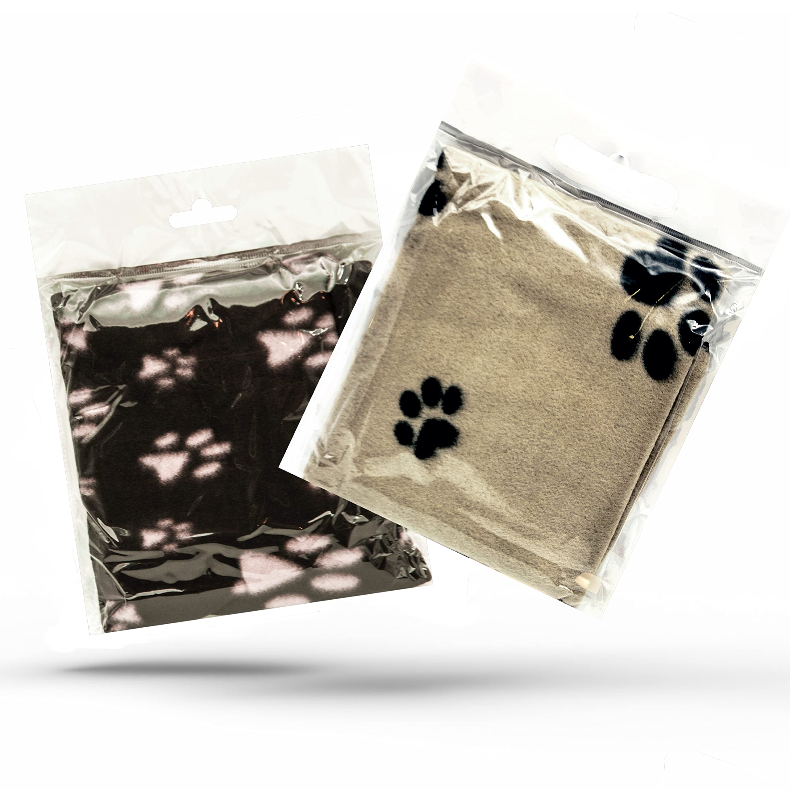 2 X Dog Blankets Washable With Paw Prints Dog Blanket | Cat Blanket | Soft Warm Dog Fleece Animals Pet Blanket Puppy Blanket Bed Travel Pack (BLACK and BEIGE, 70cm X 73cm (Pack of 2))