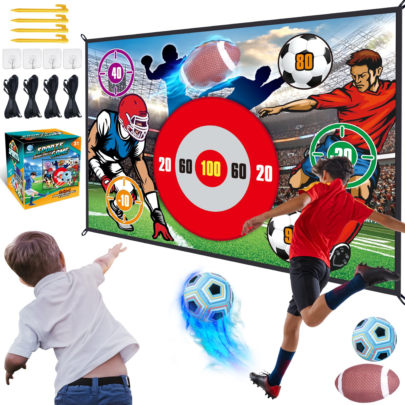 Photo 1 of MOONTOY 2 in 1 Ball Game Set, Football Toss Target Games/Soccer Ball Game Indoor Outdoor Backyard Sport Game for Kids 3 6 8 9 Years Gift for Boys Toddlers and Family with 1 Soccer Ball and 1 Football