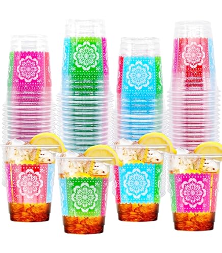 Party Cups CUPLOOV 100Pcs Fiesta Cups,12 OZ Plastic Disposable Clear Mexican Cups For Cinco De Mayo Drinkware Party Supplies Fiesta Taco Birthday Party Decorations, 5 Designs 12 Oz Plastic Cups