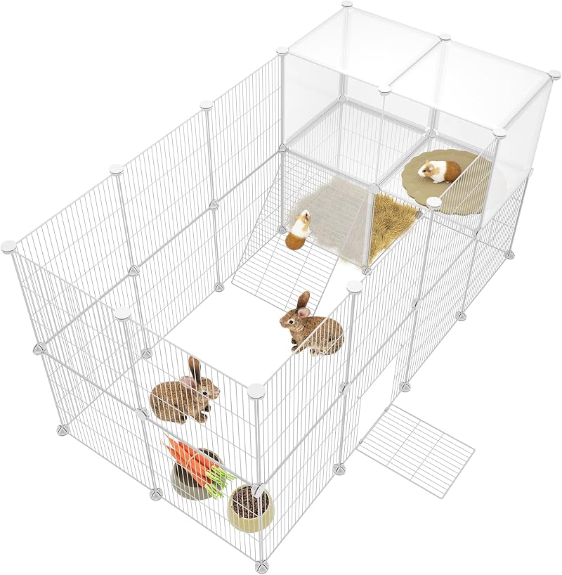 HOMIDEC Rabbit Run Double Puppy Pen with Door 29 Panels 140x70x70CM White