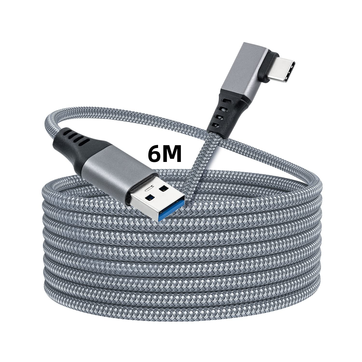 Mcbazel Cable 6M USB 3.0 to USB C Braided Cord 5Gbps High Speed Data Transfer &3.0 Fast Charging 90 Degree for PS5/Quest 2/Quest 3/Quest 3s/Switch/Phone/Type-C Port Devices