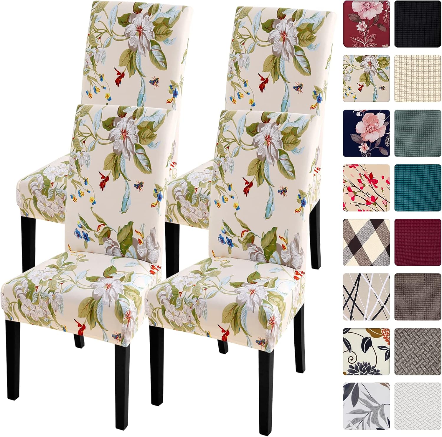 Slipcovers - SearchI Chair Covers Slipcovers Set of 4, Spandex Super Fit Stretch Removable Washable Kitchen Parsons Protector for Dining Room,Hotel,Ceremony,Beige+Flowers
