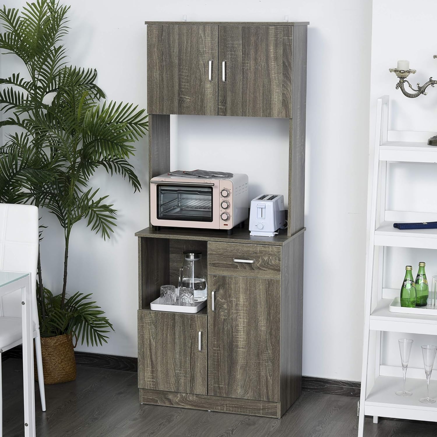 HOMCOM Modern Kitchen Buffet with Hutch Pantry Storage, Microwave Counter, 2 Cabinets, and Adjustable Shelves, Grey: Furniture & Decor