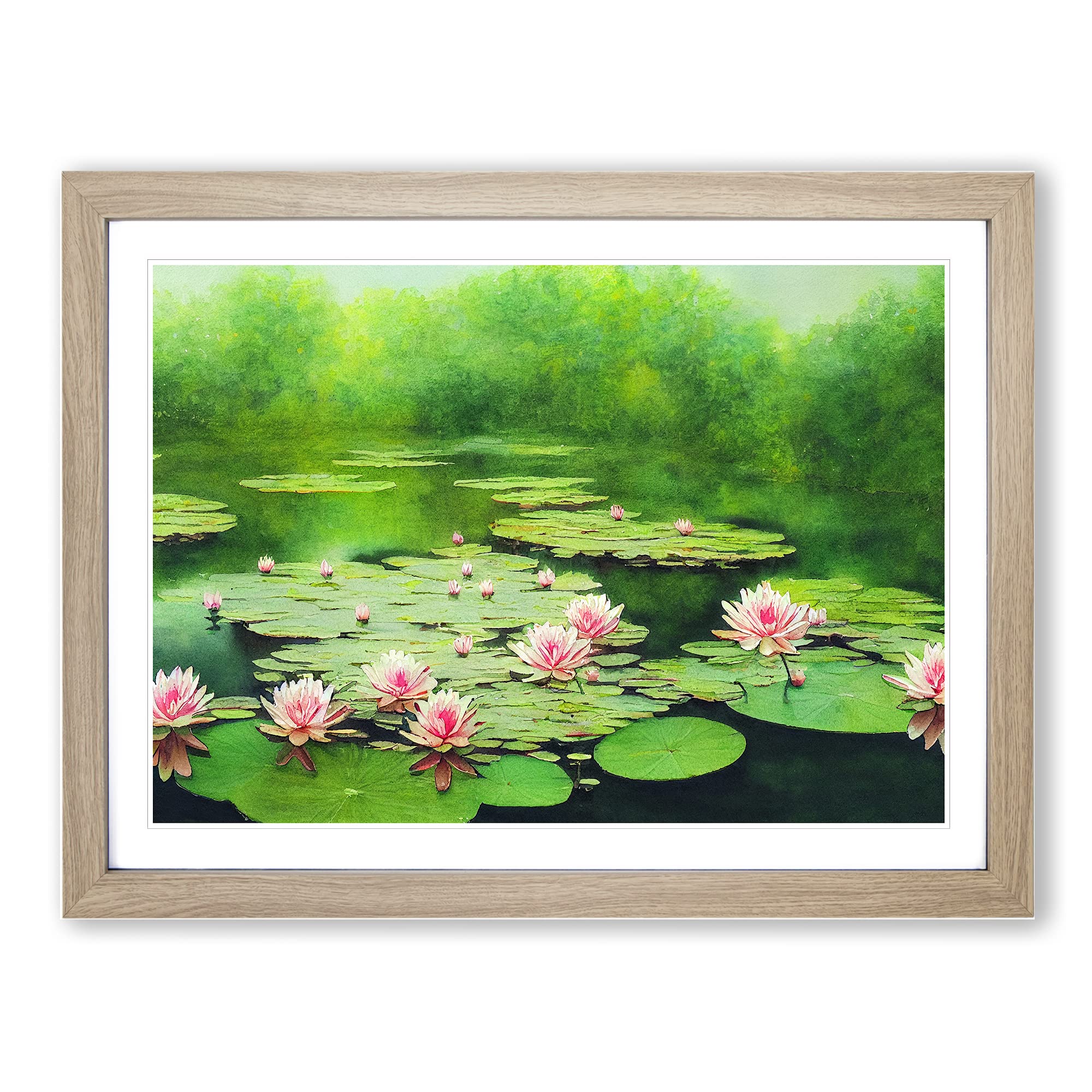 Lily Pond Watercolour Vol.6 Framed Print | A4 Oak Framed Wall Art | Ready to Hang | Modern Floral Picture | Living Room Bedroom Lounge Office