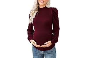 Coolmee Women's Knit Ribbed Maternity Top Mock Neck Long Sleeve Shirts Pregnant Ruched Tunic Pullover Top