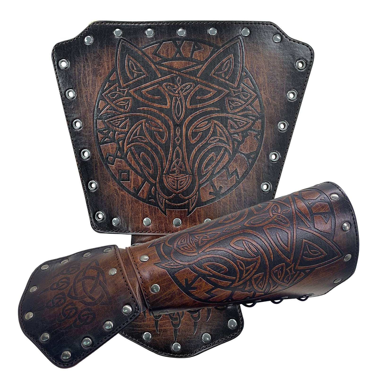 HiiFeuer Viking Fenrir Gauntlet, Medieval Faux Leather Arm Armor Knight Bracer, LARP Halloween Costume (Brown B) — image 1