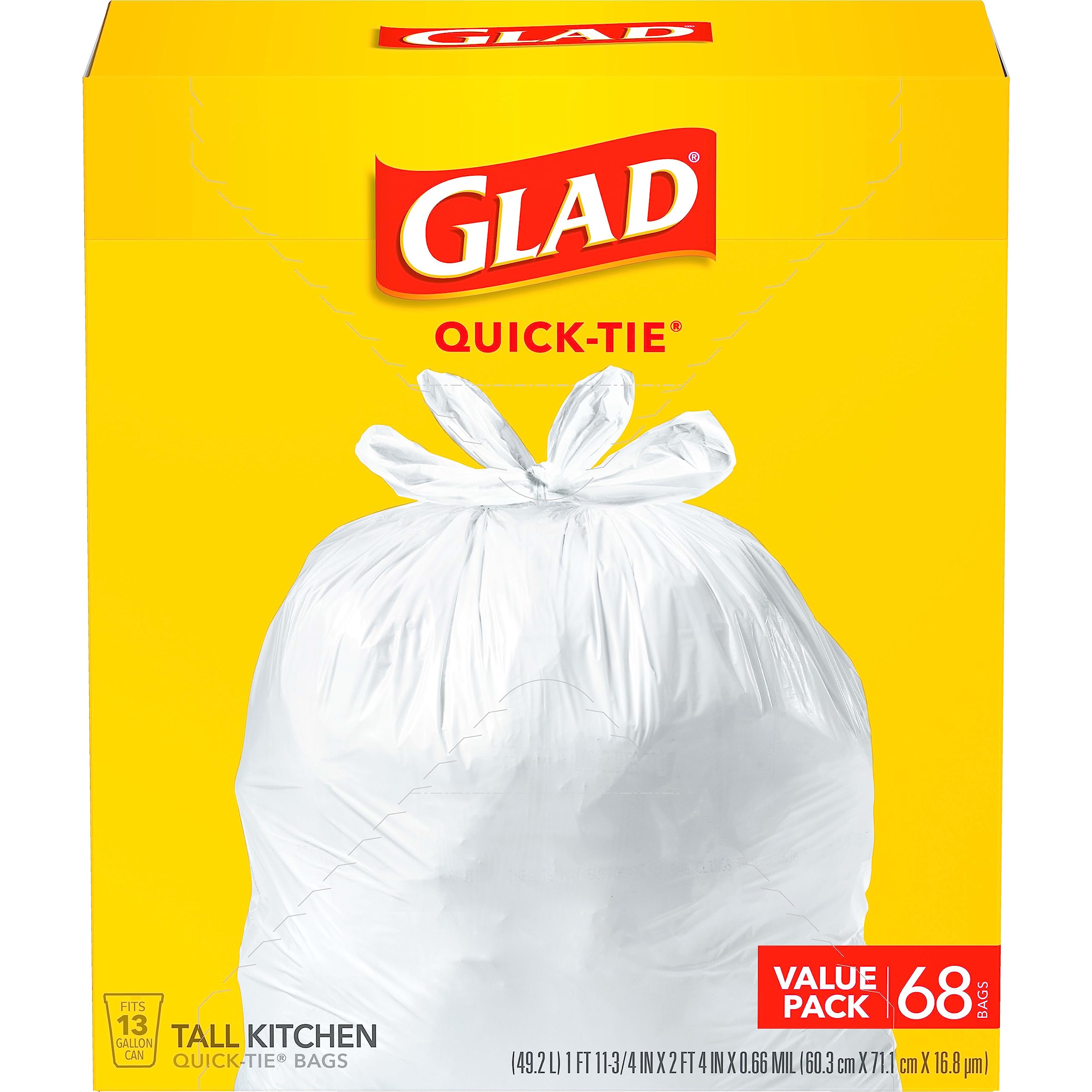 Glad Tall Kitchen Trash Bags 13 Gallon, Unscented Garbage Bags, Quick-Tie, 68 Count