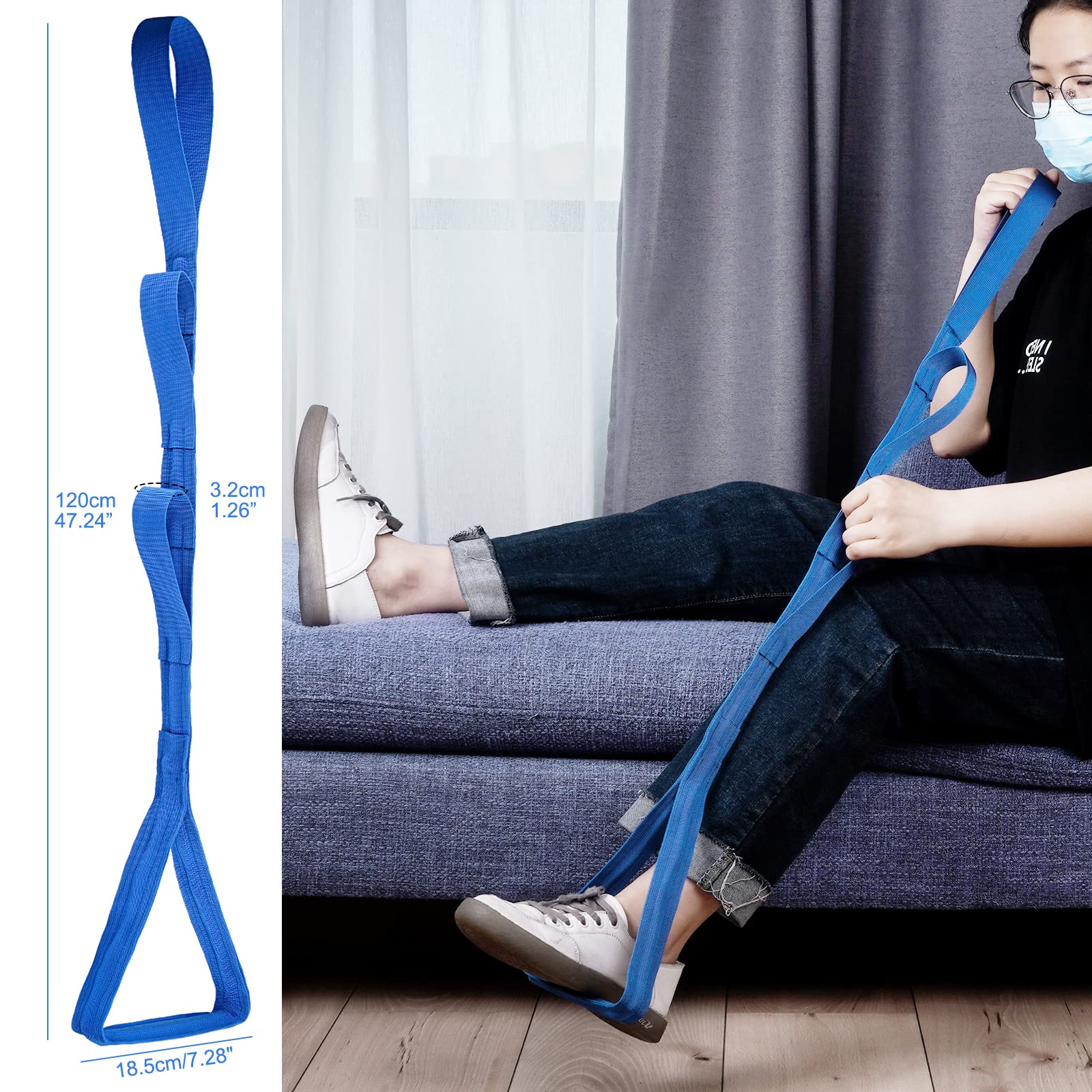 42 Inch Long Leg Lifter,Leg Lifter After Hip Replacement All Over with Aluminum Rod, Hip Kit for Seniors Total Hip Replacement Prime Large Rigid Foot Loop &Sturdy Multiple Handles(Blue)