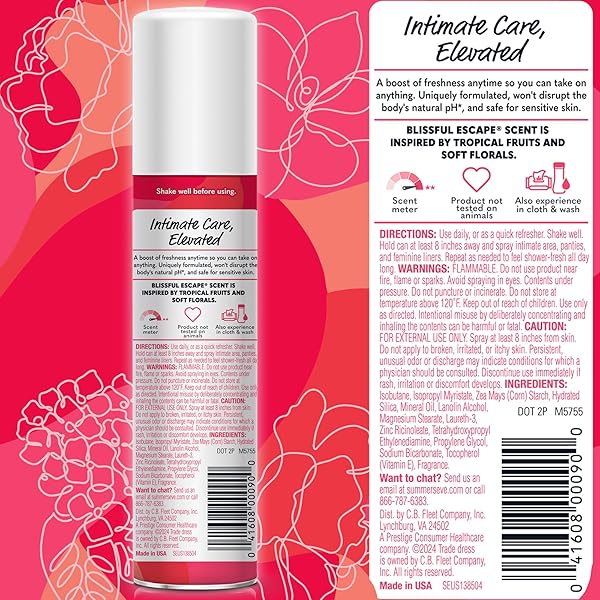 SUMMER’S EVE BLISSFUL ESCAPE DAILY REFRESHING FEMININE SPRAY, 2 OZ