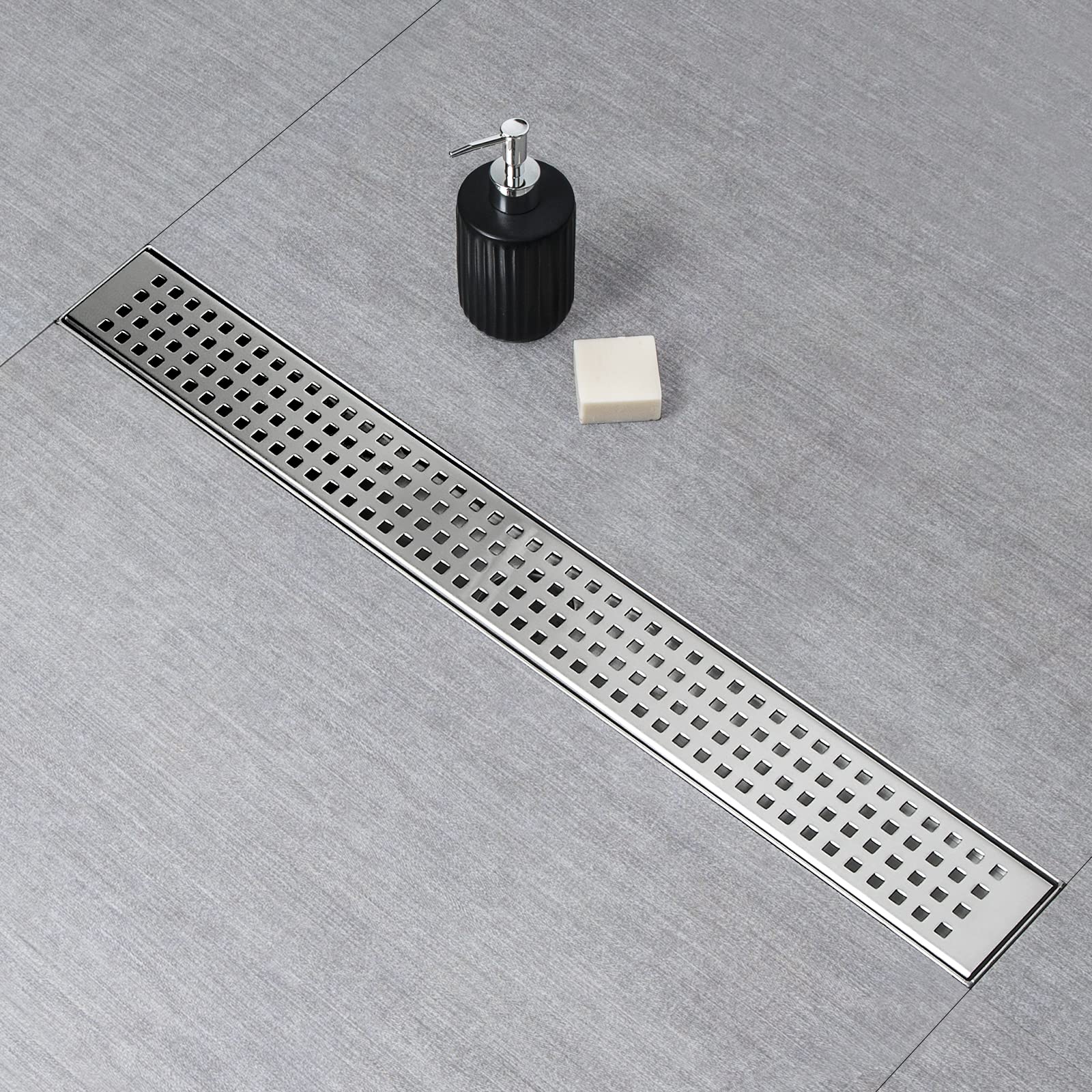 SaniteModar Shower Drain, 16 inch Linear Shower Drain with Removable Square Hole Panel, AISI 304 Stainless Steel Brushed Shower Floor Linear Drain with Adjustable Feet and Hair Strainer Image