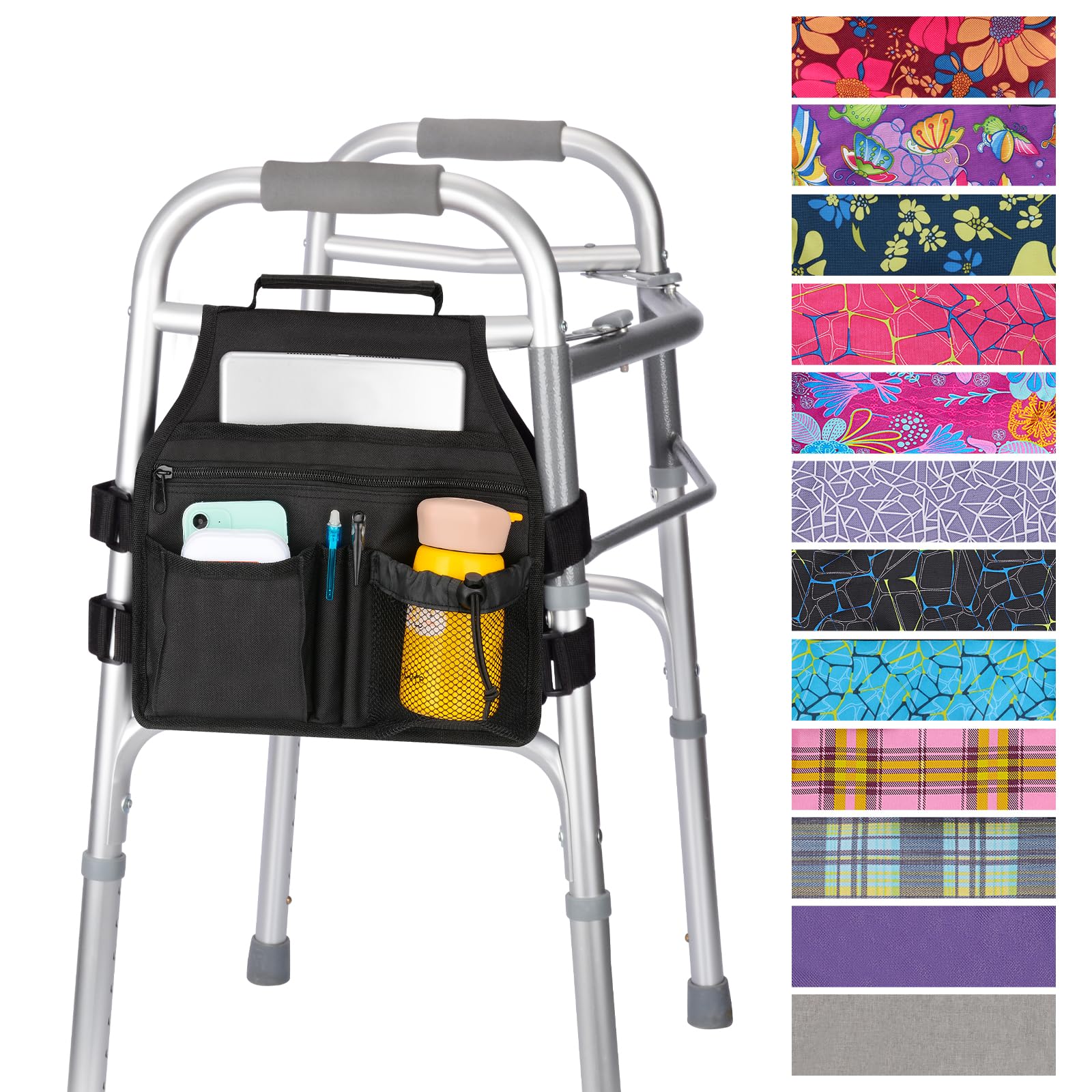 supregear Side Walker Bag, Walker Accessories Bag w/Cup Holder, Folding Walker Basket Waterproof Walker Organizer Caddy Pouch for Most Walker with Side Bar for Seniors, Elderly, Double Sided
