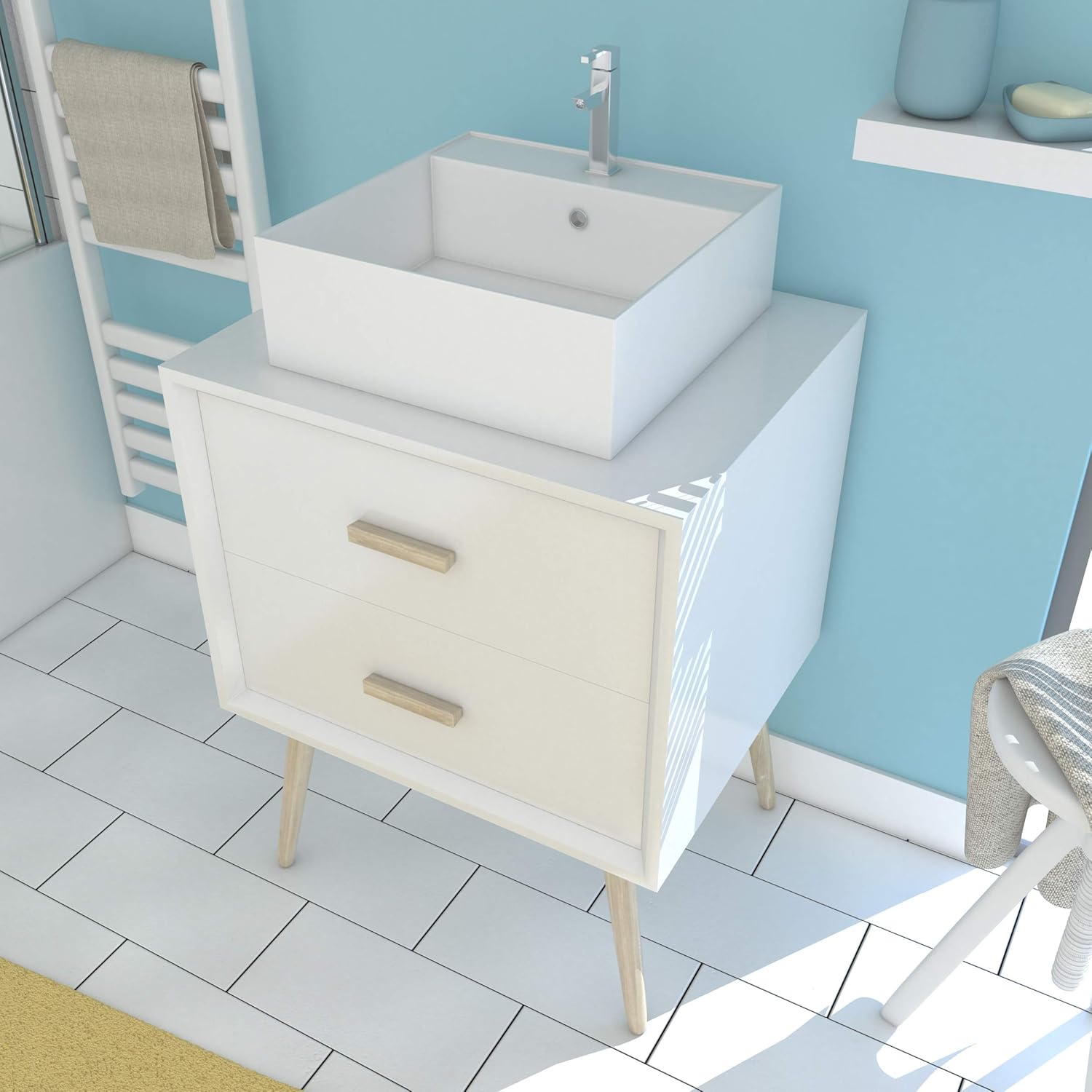 Kendalfloral Com Cuisines Et Salles De Bain Meubles Lavabos Meuble Salle De Bain Scandinave Blanc 60 Cm Sur Pieds Avec Tiroir Et Vasque A Poser Nordik Basis 60
