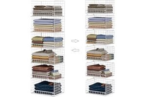 Yociyoga 6-Tier Stackable Closet Organizers and Storage Shelves, Closet Shelf Organizer Basket Bins, Foldable Sweater Storage for Clothes Organizer System, White（Patent Pending）