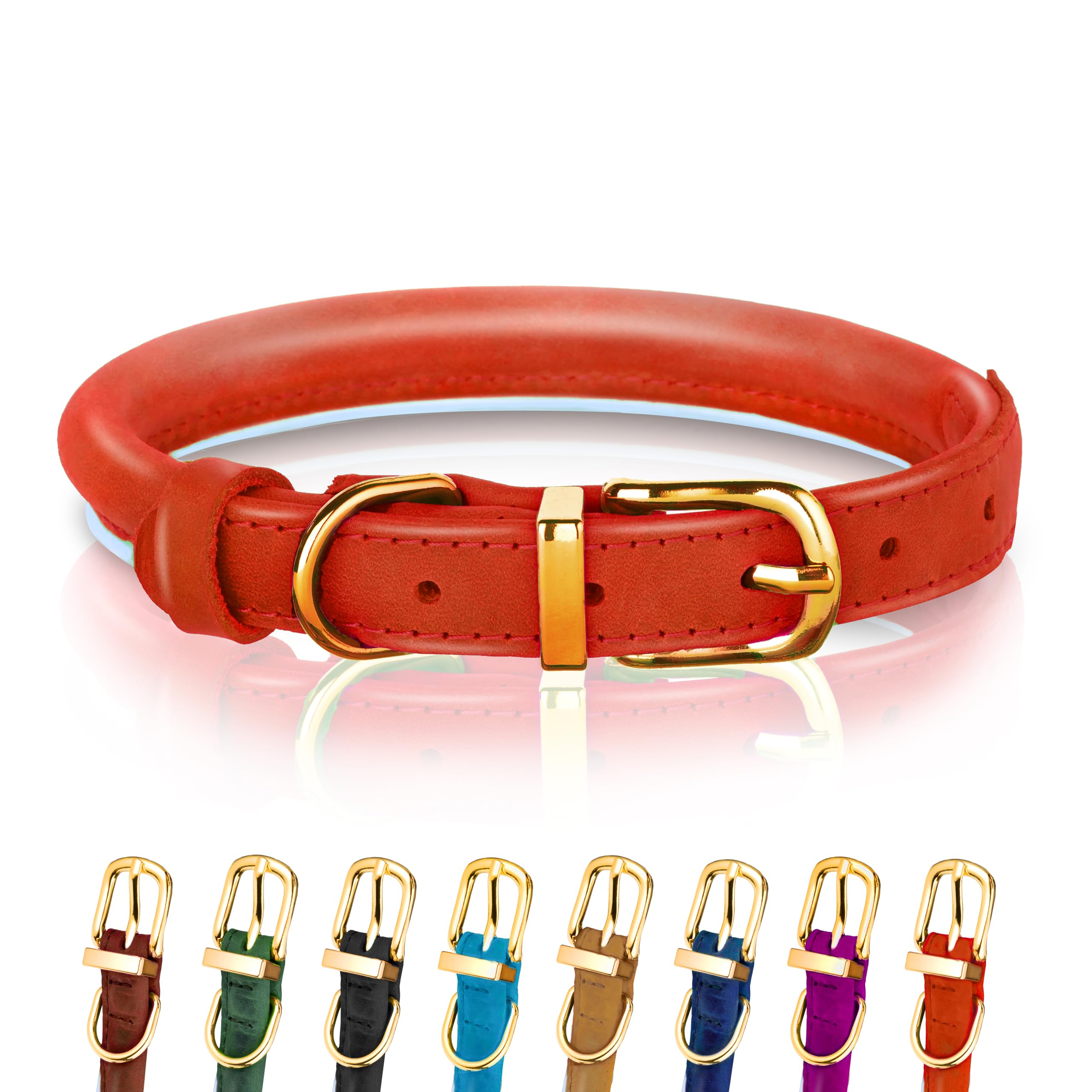 OOPSDOGGY Reflective Rolled Leather Dog Collar for Small Medium Large Dogs Puppy, 8 Colors, 7 Sizes (Red, XXS, 7"-9") — image 1