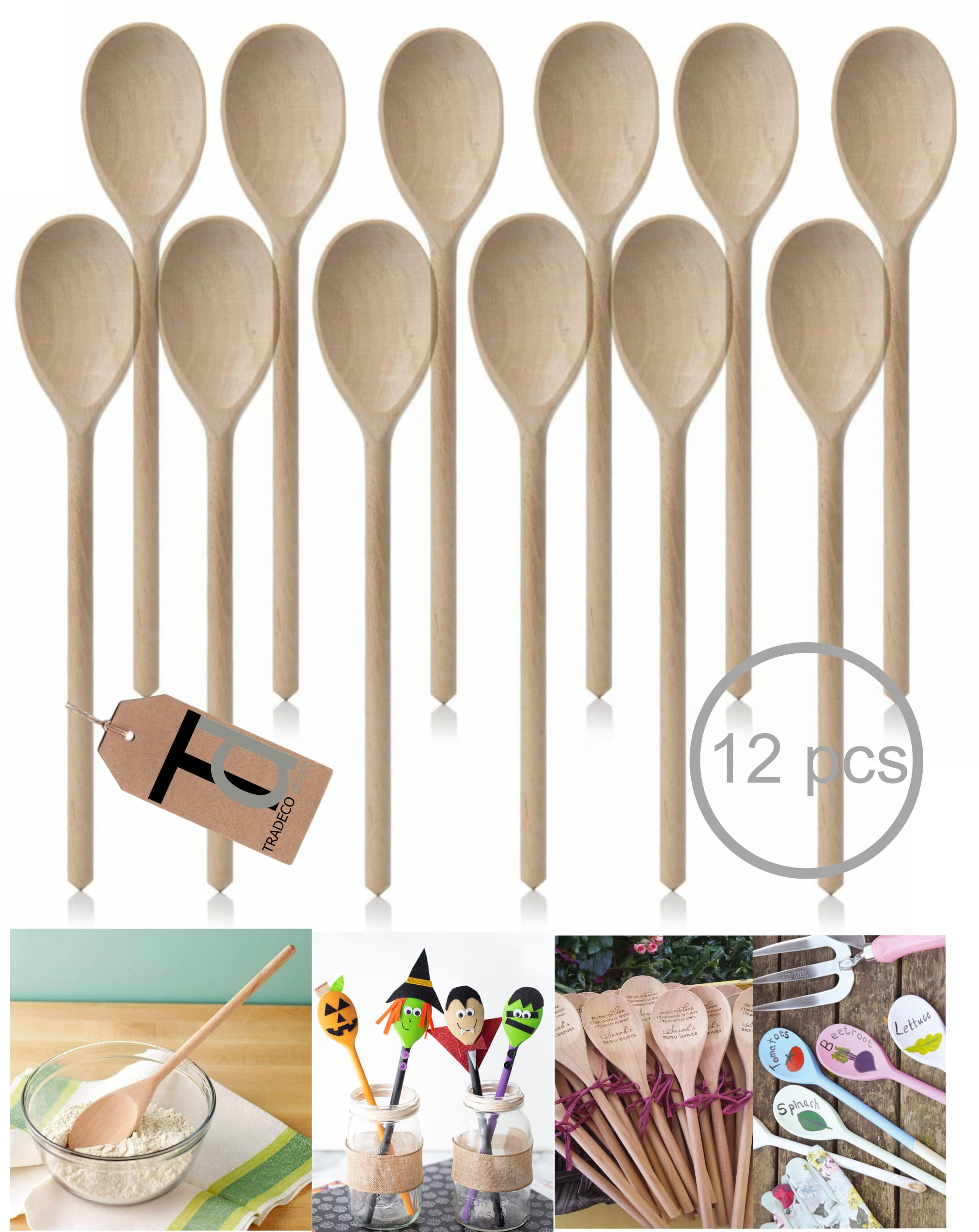 Set of 12 x 12" (300mm) Beechwood Wooden Spoon, Ideal for Baking, Decorating, Engraving. Made in the EU. Tradeco direct®