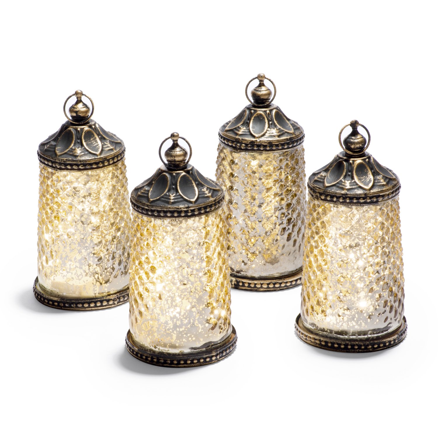 Gold Mercury Glass Tabletop Lanterns - Set of 4, Warm White LED Lights, 5.5” Height, Antique Bronze Accents, Battery Operated, For Ramadan, Weddings and Home Decor