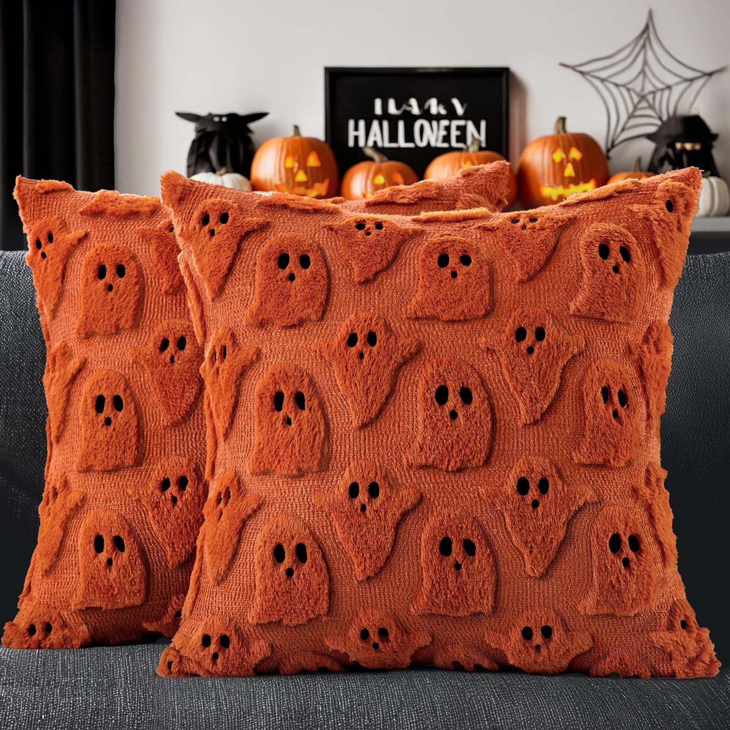 Photo 1 of MIULEE Halloween Pillow Covers Cute Ghost Spooky Throw Pillows Set of 2 Soft Plush Faux Fur Fall Decorative Cushion Covers for Couch Sofa Bed Porch Living Room Autumn Decor 18x18 inch Burnt Orange
