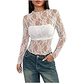 Floerns Women's Lace Long Sleeve Y2k Tops See Through Club Going Out T Shirt