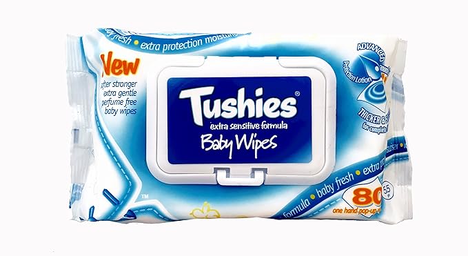 Tushies Extra Sensitive Formula Baby Wipes with Fliptop (Blue and White) -80 Pieces